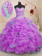 Ideal Lilac Sleeveless Brush Train Beading and Ruffles With Train Vestidos de Quinceanera