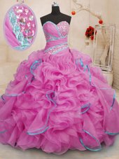 New Arrival Rose Pink Sweetheart Lace Up Beading and Ruffles Sweet 16 Dresses Brush Train Sleeveless