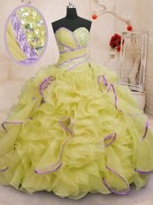 High Class With Train Yellow Green Quince Ball Gowns Sweetheart Sleeveless Brush Train Lace Up