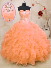 Most Popular Sleeveless Floor Length Beading and Ruffles Lace Up Quinceanera Dresses with Orange