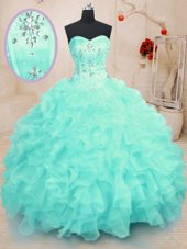 Eye-catching Turquoise Lace Up Sweetheart Beading and Ruffles Quinceanera Dresses Organza Sleeveless