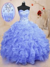 Perfect Purple Ball Gowns Sweetheart Sleeveless Organza Floor Length Lace Up Beading and Ruffles Quinceanera Dress