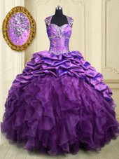 Organza and Taffeta Cap Sleeves With Train 15 Quinceanera Dress Brush Train and Beading and Ruffles and Pick Ups