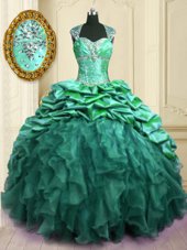 Fantastic Turquoise Sweetheart Neckline Beading and Ruffles and Pick Ups Quinceanera Dresses Cap Sleeves Lace Up