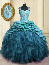 Latest Teal Organza and Taffeta Lace Up Sweetheart Cap Sleeves With Train Vestidos de Quinceanera Brush Train Beading and Ruffles and Pick Ups