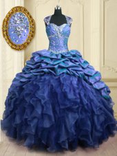 Luxurious Purple Ball Gowns Sweetheart Cap Sleeves Organza and Taffeta With Brush Train Lace Up Beading and Ruffles and Pick Ups Quince Ball Gowns