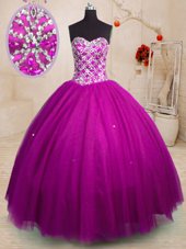 Dynamic Sweetheart Sleeveless 15th Birthday Dress Floor Length Beading Fuchsia Tulle
