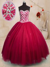 Pretty Red Tulle Lace Up Ball Gown Prom Dress Sleeveless Floor Length Beading