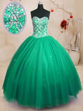 Best Selling Dark Green Tulle Lace Up Quinceanera Dresses Sleeveless Floor Length Beading