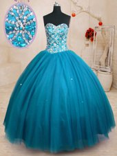 Fitting Teal Ball Gowns Beading 15 Quinceanera Dress Lace Up Tulle Sleeveless Floor Length
