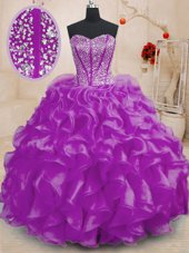 Colorful Sleeveless Organza Floor Length Lace Up Sweet 16 Quinceanera Dress in Purple for with Beading and Ruffles