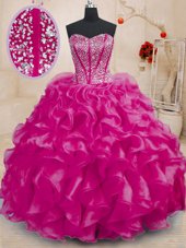 Stylish Fuchsia Sleeveless Floor Length Beading and Ruffles Lace Up 15th Birthday Dress