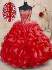 Vintage Sweetheart Sleeveless Sweet 16 Dress Floor Length Beading and Ruffles Red Organza