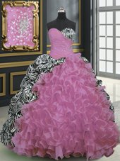 Exquisite Multi-color Lace Up Sweetheart Beading and Ruffles and Pattern Quinceanera Dress Organza and Printed Sleeveless Brush Train