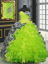 Cute Printed Multi-color Sweetheart Neckline Beading and Ruffles and Pattern Quince Ball Gowns Sleeveless Lace Up