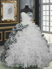Shining White And Black Sleeveless Organza and Printed Brush Train Lace Up Sweet 16 Dresses for Military Ball and Sweet 16 and Quinceanera