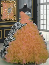 Sumptuous Sleeveless Organza and Printed With Brush Train Lace Up Sweet 16 Quinceanera Dress in Multi-color for with Beading and Ruffles and Pattern