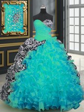 On Sale Brush Train Ball Gowns 15 Quinceanera Dress Multi-color Sweetheart Organza and Printed Sleeveless With Train Lace Up