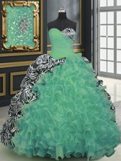 Low Price Organza and Printed Sleeveless With Train Quinceanera Dresses Brush Train and Beading and Ruffles and Pattern