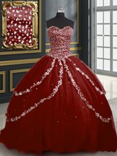 On Sale Burgundy Ball Gowns Tulle Sweetheart Sleeveless Beading and Appliques With Train Lace Up Quinceanera Dress Brush Train