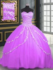 Traditional With Train Lilac Quinceanera Gowns Tulle Brush Train Sleeveless Beading and Appliques