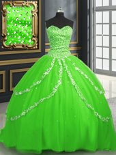 Tulle Lace Up Quinceanera Dress Sleeveless With Brush Train Beading and Appliques