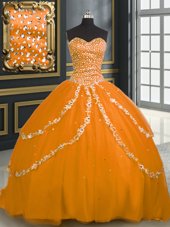 Beautiful Sleeveless Brush Train Beading and Appliques Lace Up Quince Ball Gowns