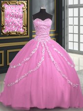 Ideal Rose Pink Tulle Lace Up Sweetheart Sleeveless With Train 15 Quinceanera Dress Brush Train Beading and Appliques