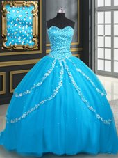 Deluxe Sleeveless Tulle With Brush Train Lace Up Sweet 16 Dress in Baby Blue for with Beading and Appliques