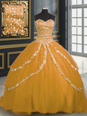 Flare Sweetheart Sleeveless Tulle Quinceanera Dresses Beading and Appliques Brush Train Lace Up