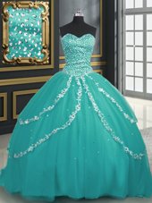 Fantastic Sleeveless Brush Train Lace Up With Train Beading and Appliques Quinceanera Gown