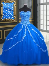Unique Brush Train Ball Gowns Ball Gown Prom Dress Blue Sweetheart Tulle Sleeveless With Train Lace Up
