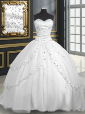 Fantastic Beading and Appliques 15th Birthday Dress White Lace Up Sleeveless With Brush Train