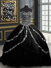 Clearance Black Ball Gowns Sweetheart Sleeveless Tulle With Brush Train Lace Up Beading and Appliques Sweet 16 Dresses