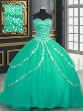 Turquoise Ball Gowns Tulle Sweetheart Sleeveless Beading and Appliques With Train Lace Up Quinceanera Gown Brush Train