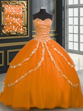 Deluxe Orange Ball Gowns Sweetheart Sleeveless Tulle With Brush Train Lace Up Beading and Appliques Quinceanera Gowns