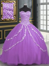 Dynamic Sweetheart Sleeveless Tulle Vestidos de Quinceanera Beading and Appliques Brush Train Lace Up