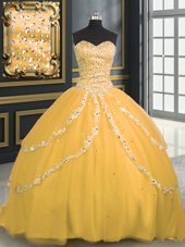 High Class With Train Ball Gowns Sleeveless Gold 15th Birthday Dress Brush Train Lace Up