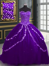 Decent Purple Sweetheart Lace Up Beading and Appliques Sweet 16 Dresses Brush Train Sleeveless