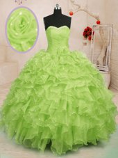 Edgy Sleeveless Beading and Ruffles and Hand Made Flower Lace Up Quinceanera Gown