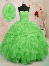 Unique Organza Sleeveless Floor Length Quinceanera Dresses and Beading and Ruffles and Hand Made Flower