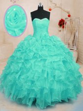 Trendy Turquoise Ball Gowns Sweetheart Sleeveless Organza Floor Length Lace Up Beading and Ruffles and Hand Made Flower Ball Gown Prom Dress
