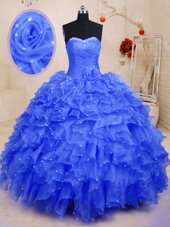 Luxurious Beading and Ruffles and Hand Made Flower Sweet 16 Dress Blue Lace Up Sleeveless Floor Length
