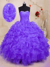 Flirting Purple Lace Up 15 Quinceanera Dress Beading and Ruffles and Hand Made Flower Sleeveless Floor Length