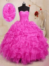 Cute Hot Pink Sleeveless Organza Lace Up Quinceanera Gown for Military Ball and Sweet 16 and Quinceanera