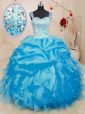 Extravagant Baby Blue Straps Neckline Beading and Ruffles and Pick Ups Quinceanera Gowns Sleeveless Lace Up