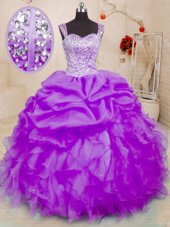 Simple Pick Ups Ball Gowns Sweet 16 Dresses Purple Straps Organza Sleeveless Floor Length Lace Up