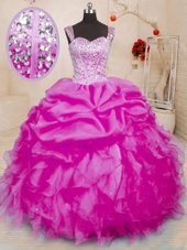 Traditional Fuchsia Organza Lace Up Straps Sleeveless Floor Length Quinceanera Gowns Beading and Ruffles and Pick Ups