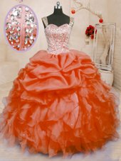 Fantastic Sleeveless Organza Floor Length Lace Up Sweet 16 Quinceanera Dress in Orange for with Beading and Ruffles and Pick Ups