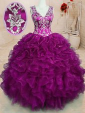 High End Fuchsia Backless V-neck Beading and Embroidery and Ruffles Quinceanera Gown Organza Sleeveless
